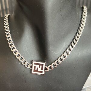 Silver and White Logo Chain Necklace